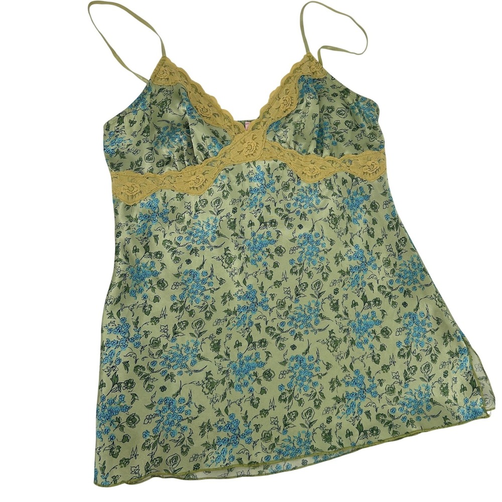 Dolled Up by FANG Green Floral Satin Lace Trim Camisole Top Large Y2K Coquette